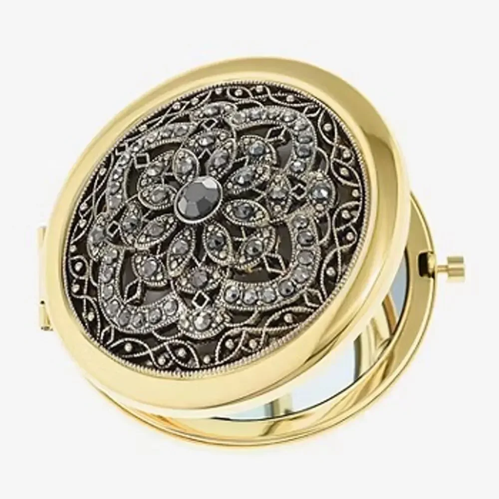 MONET Compact Mirror Gold Tone Rhinestone Filigree New in Box